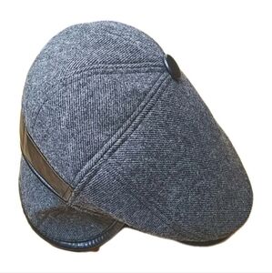 Vtg Siggi Wool Flat Cap Fold Out Ear Neck Flap Charcoal Gray Herringbone Winter